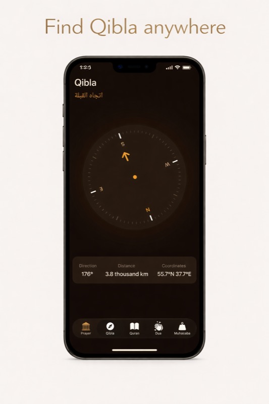 Qibla compass showing direction and distance to Mecca