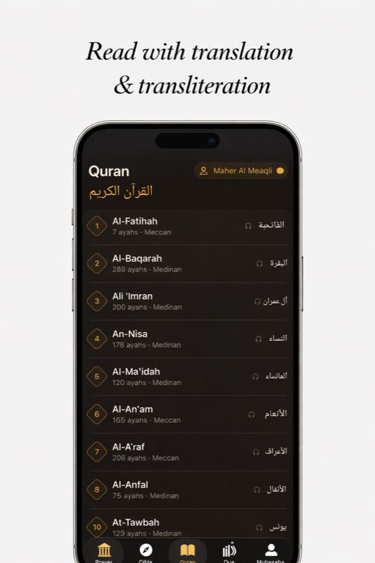 Quran surah list with Arabic names and transliteration toggle